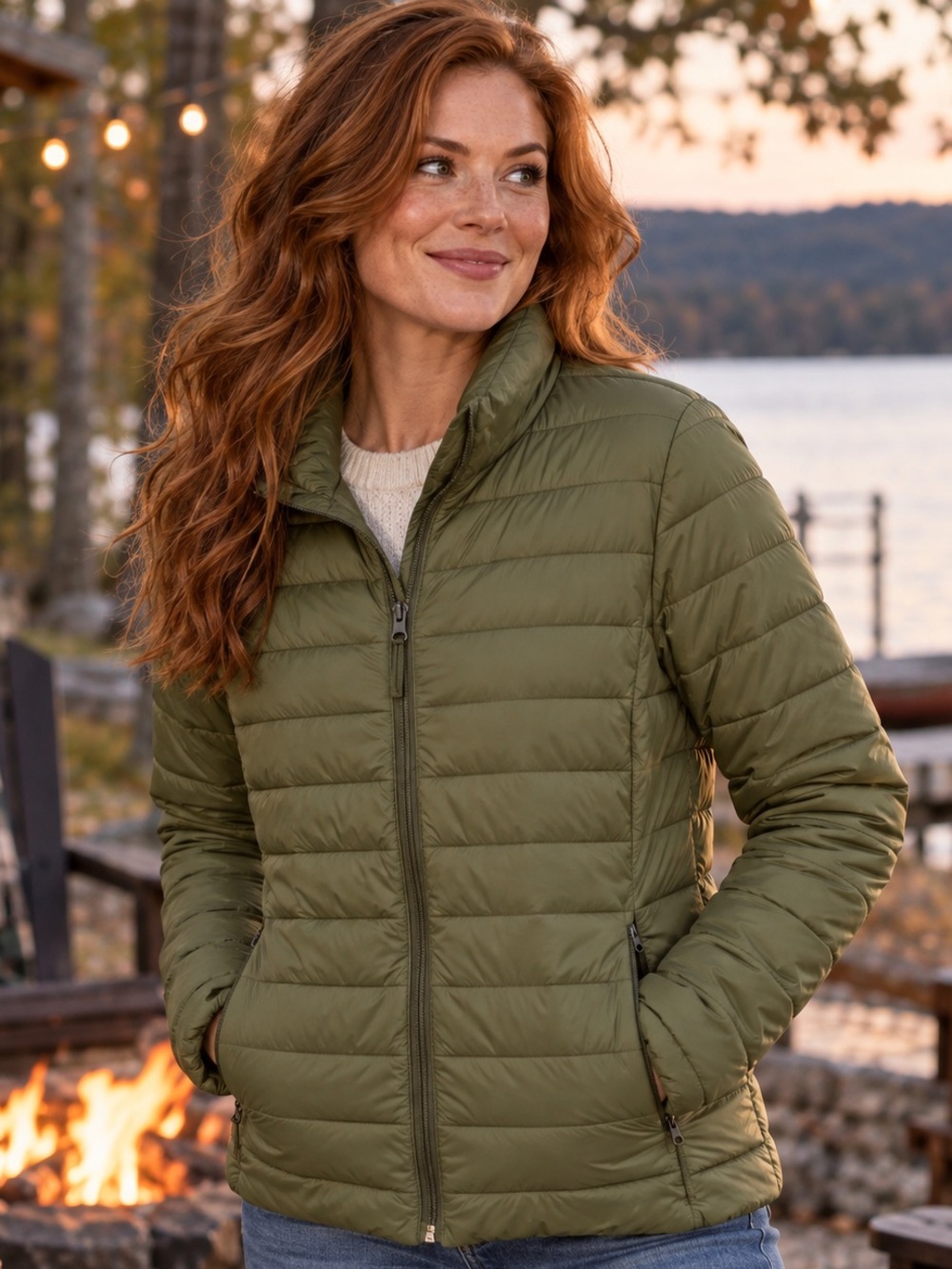 Old Navy Active Womens M Olive Green Lightweight Puffer Jacket Zip Pockets